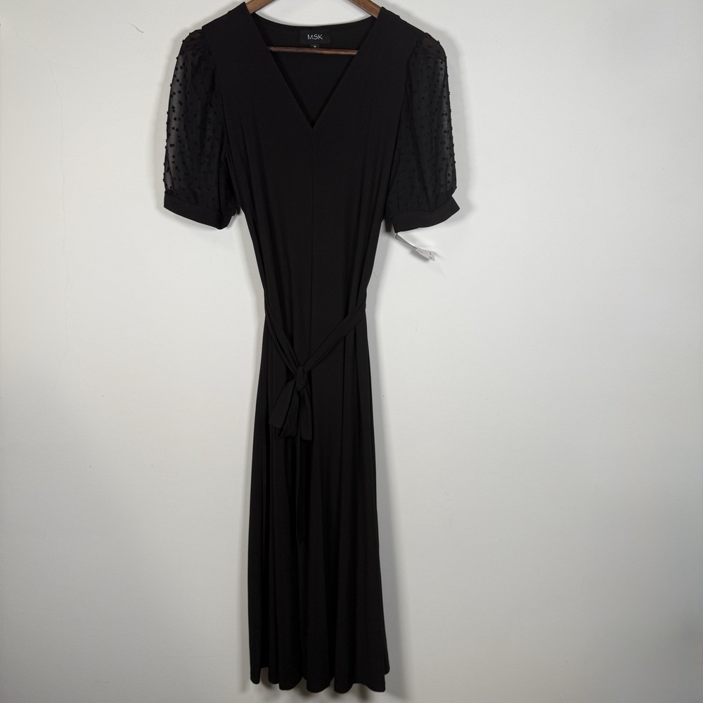 NWT Msk Black Swiss Dot Sheer Sleeve Shift Dress Size M Stretchy Lightweight